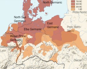 Kaart met daarop de verschillende Germaanse taalgroepen rond jaar 1 (Noord Germaans, Noordzee Germaans, Elbe Germaans, Wesser-Rijn Germaans, Oost-Germaans).