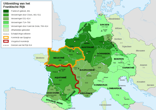 Kaart van de opkomst van het Frankische Rijk, van 481 tot 814. De veroveringen van het Frankische Imperium worden in verschillende kleuren groen weergegeven. Zo werd Friesland in 734 veroverd en de Spaanse Mark (Barcelona) in 778