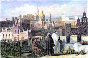 Ingekleurde gravure uit 1835 met het paleis van Villavicencio op de achtergrond