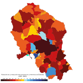 Bevolkingsgroei per gemeente in de provincie Córdoba tussen 2011 en 2021