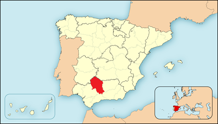 Kaart Spanje met de locatie van de provincie Córdoba in rood.