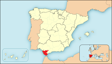 Kaart Spanje, provincie Cádiz rood gekleurd