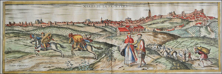 In de Civitates Orbis Terrarum van Georg Braun (1570) staat dit uitzicht op Jerez de la Frontera, getekend door Joris Hoefnagel 