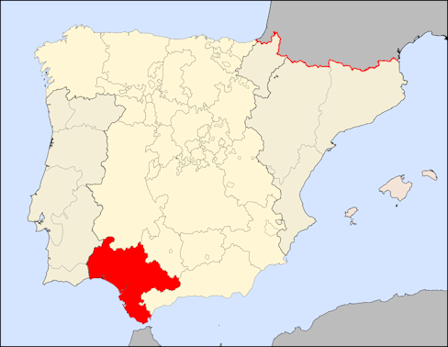 Kaart van Spanje met daarop, in het rood, het koninkrijk van Sevilla