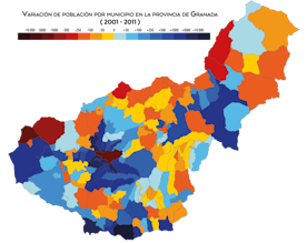 Bevolkingsgroei per gemeente in de provincie Granada tussen 2001 en 2011.