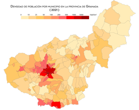 Bevolkingsdichtheid per gemeente in de provincie Granada in 2021.
