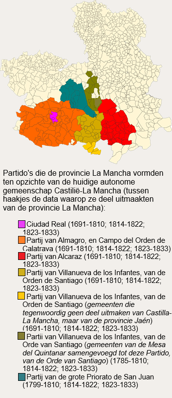 Kaart van Castilla-La Mancha met de partido's die de provincie La Mancha vormden ten opzichte van de huidige autonome gemeenschap Castilla-La Mancha (tussen haakjes de data waarop ze deel uitmaakten van de provincie La Mancha)