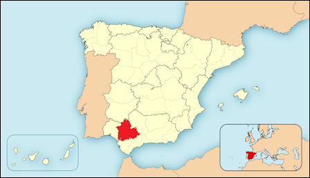 Kaart van het Iberisch schiereiland met daar in rood aangegeven de lokatie van de provincie Sevilla in Spanje.