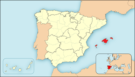 Kaart van het Iberisch schiereiland met daarop in rood aangegeven de eilandengroep van Baleares.