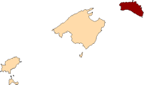 Kaartje van de Baleares met daarin rood gekleurd het eiland Menorca.