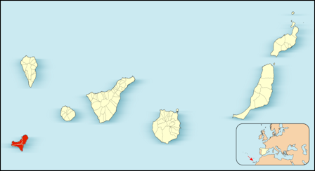 Kaartje van de Canarische Eilanden met daarop El Hierro, het uiterst zuidwestelijke eiland, rood ingekleurd.