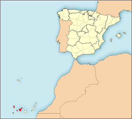 Kaartje van het Iberisch schiereiland en de noordwestkust van Afrika, met daarin zichtbaar de Canarische eilanden waarvan de provincie Santa Cruz de la Tenerife rood is ingekleurd.