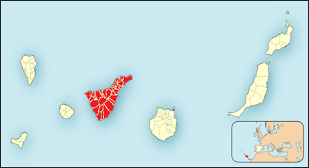Kaartje van de Canarische Eilanden met daarop in rood aangegeven het eiland Tenerife.
