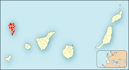 Op dit kaartje van de Canarische eilanden zien we het eiland La Palma rood ingekleurd. Het is het op één na meest westelijke eiland.