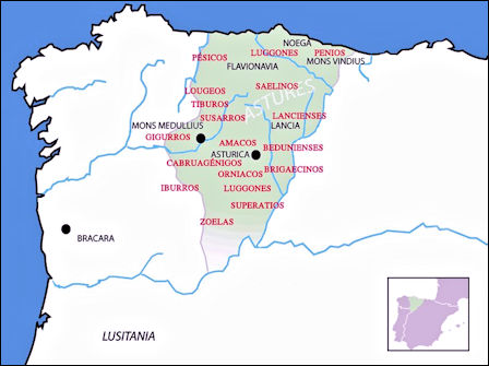 Een kaartje van de nordwestelijk hoek van het Iberisch schiereiland met daar in groen aangegeven het leefgebied van de Astures, dat ten oosten van Galicia en Portugal ligt.