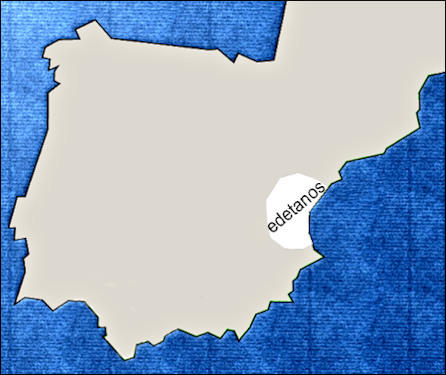 Op dit kaartje van het Iberisch schiereiland staat aangegeven waar het woongebied van de Edetanos lag. Grof weg gezien is dathet zuidelijke deel van de prvincie provincieCastellon en het grootste deel van Valencia ligt, en dan nog iets verder het achterland in.