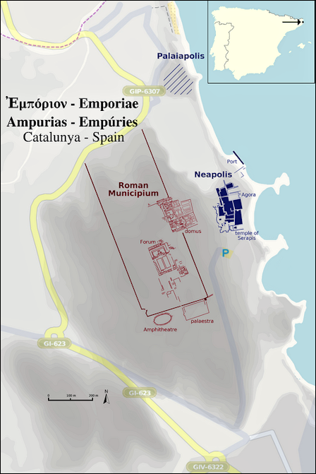 Kaartje van de noordoostelijke kust van Spanje waarop de plek van Palaiapolis blauw gearceerd is. De opgravingen (plattegrond) van het Griekse Emporion is blauw ingekleurd en  het meer landinwaarts gelegen Romeinse Municipium is rood ingekleurd.
