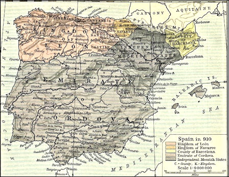 Kaart van het Iberisch schiereiland in het jaar 910 met daarin roze/rood ingekleurd het koninkrijk Léon.