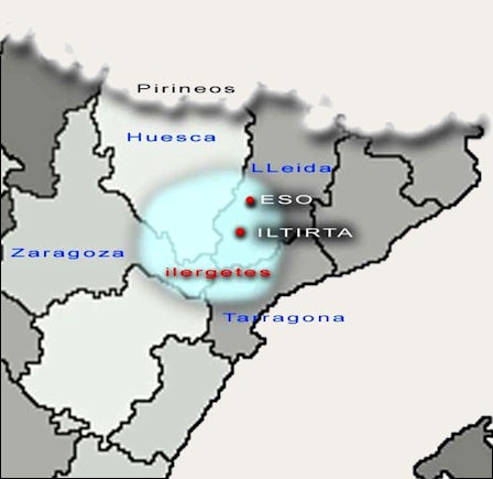 Een kaartje van het noordoosten van Het Iberisch schiereiland waarop we het leefgebied van de Ilergetes zien (blauw ingekleurd).
