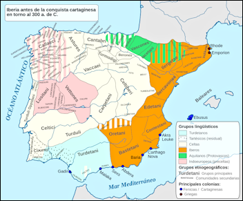 Deze kaart van het Iberisch schiereiland laat de locaties van de verschillen de taalgroepen rond 330 v.Chr. zien.De Turdetanos in het zuiden. De Tartesanos in het zuidwesten.De kelten in Asturias, Cantabria, de Centrale hoogvlakte en het zuidwesten.De Iberos in het oosten tot zuidoosten. De basken (Aquitanos) onder de Pyreneeën en iets westelijker. en de Lusitanos, Vetones en Gallegos (Indo-europees) in het westelijk midden en noorden.