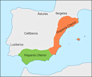 Kaartje van het Iberisch schiereiland waarop we de Romeinse provincie Citerior (het oosten van het schiereiland) en de Ulterior ( het zuiden van het schiereiland) zien.
