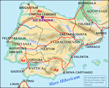 Kaartje van het Iberisch schiereiland (rond het jaar 130) met daarop zichtbaar de belangrijkste plaatsen waar edel metalen worden gevonden en de wegen waarlangs snel vervoer naar Rome mogelijk was.
