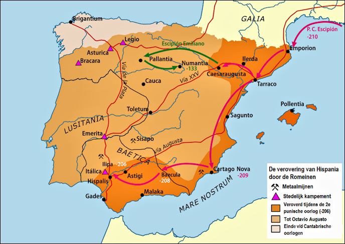 Op dit kaartje van het Iberisch schiereiland wordt met roze en groene pijlen aangegeven hoe Hispania door de Romeinen werd veroverd. En verschillend gekleurde gebieden worden de daarbij behoren de tijdperken aan gegeven. Oranje tijdens de 2e Punische oorlog (oosten en zuiden). Lichter oranje, tot Keizer Octovia Augustomidden (midden en westen). En okerkleurig geeft het einde van de Cantabrische oorlogen aan (noordwesten).