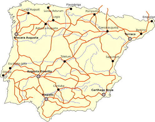 Op dit kaartje van het Iberisch schiereiland zien we alle Romeinse wegen en de belangrijkste colonias aangegeven. 