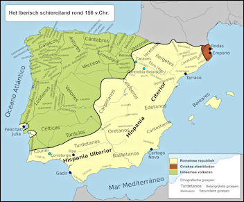 Kaartje van het Iberisch schiereiland rond 156 v.Chr. waarop het door de Romeinen veroverde deel (geel) te zien is. Grofweg loopt het van halverwege de Pyreneeën tot en met de provincie Algarve (Portugal). De rest van het schiereiland (groen) is nog niet veroverd.