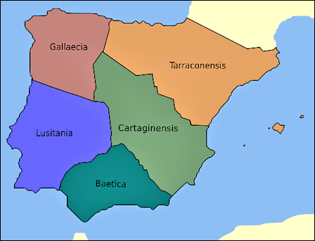 Kaartje van het Romeinse Hispania Met daarop de ligging van de provincies Tarraconensis (noordoosten), Cartaginenses (midden en oosten), Baetica (zuiden), Lusitania (zuidwesten) en Gallaecia (noordwesten).