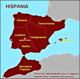 Op dit kaartje van het Iberisch schiereiland zien de de Romeinse provincies in het jaar 298. Gallaecia in het noordwesten. Tarraconensis in het noordnoordoosten. Lusitania in het zuid westen en midden. Cartagenensis (onder Tarraconensis) in het oosten en midden, en Baetica in het zuiden. Mauretania Tingitana is een provincie die in het noordwesten van Afrika ligt.