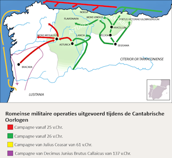 Kaartje van het noordwestelijke deel van het Iberisch schiereiland met daarop aangegeven de Romeinse militaire operaties uitgevoerd tijdens de Cantabrische Oorlogen.