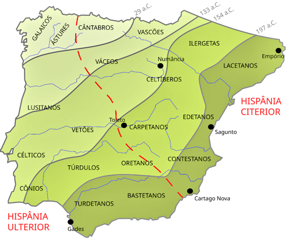 Kaart van het Iberisch schiereiland, met daarin aan gegeven de vorderingen van de Romeinse verovering van het schiereiland, vanaf het jaar 197 v.Chr. tot 29 v.Chr.