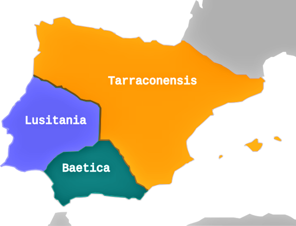 Kaart van het Iberisch schiereiland met daarop 2e provinciale verdeling van Hispania. Het 2/3 bovenste deel bevat Tarraconensis en daaronder (in het zuiden) zien we Baetica en in het westen de provincie Lusitania.