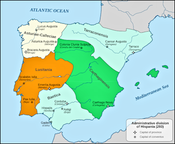 Kaartje van het Iberisch schiereiland in het jaar 293. Waarop we de bestuurlijke vedeling door Diocletanius zien. Met provincie Asturiae-Calleciae in het noordwesten, Tarraconensis in het noorden, daaronder Carthaginensis, Baetica in het zuiden en Lusitania in het zuidwesten.