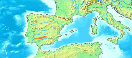 Een kaartje van het zuidelijk deel van Europa, waarop we middels een rood ingekleurd gebied in Zuid-Spanje zien waar zich de Sierra Morena bevindt.
