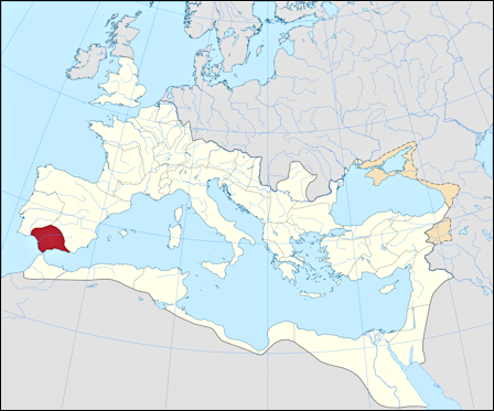 Een kaartje van het Romeinse Rijk rond het jaar 125. De provincie Baetica (in het zuiden van Hispania) is daarin rood ingekleurd.