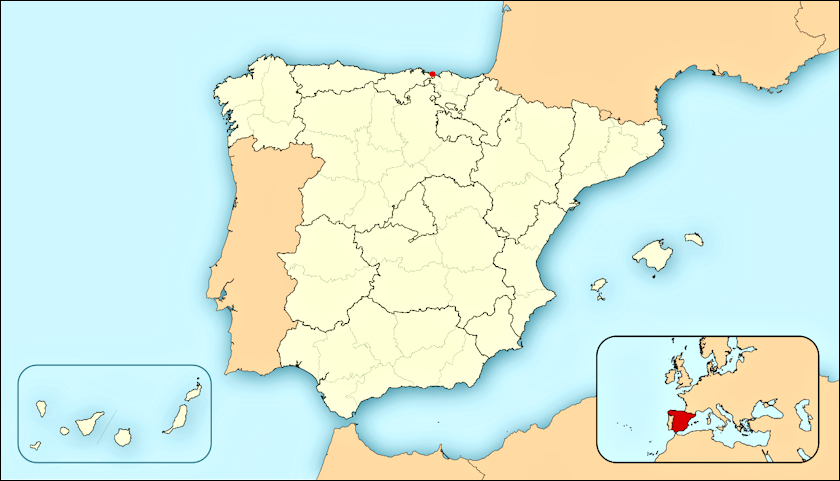 Kaartje van het Iberisch schiereiland met daarop als een rode punt aangegeven de lacatie van Flaviobriga, dat ongeveer overeen moet komen met het huidige Castro Urdiales in Cantabria.